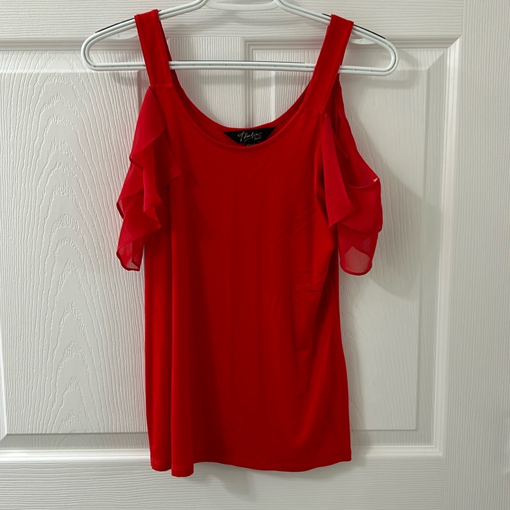 Red XS tank with ruffle detail on shoulder